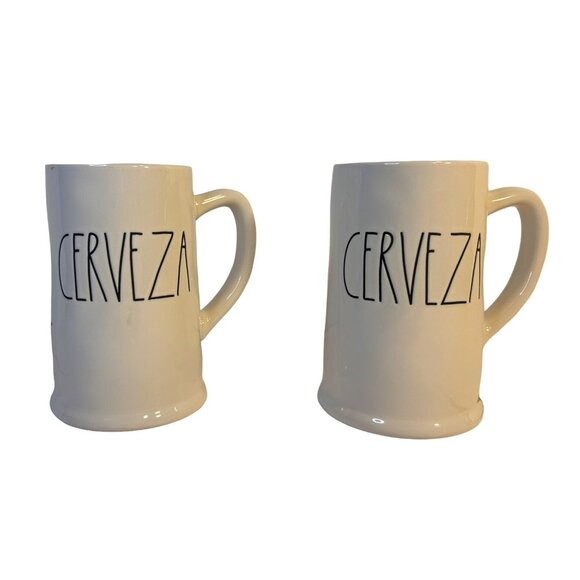 Rae Dunn Set-2 "CERVEZA" Ceramic White w/Yellow Inside Beer Steins 24oz Each - Picture 1 of 12